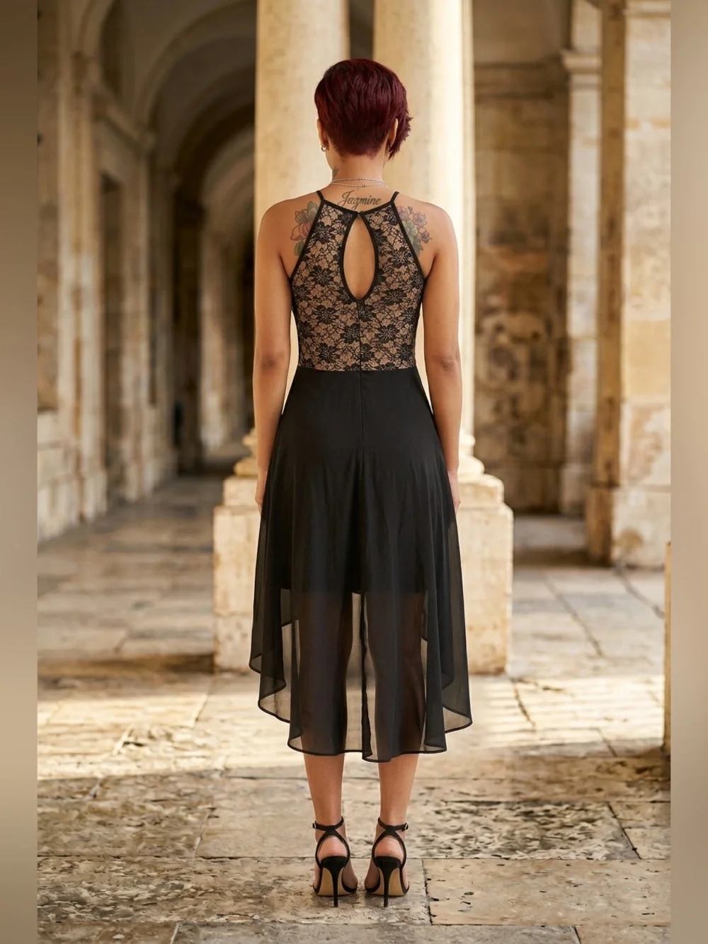 Emerald Sundae Black Lace High-Low Midi Dress☑️ - Picture 2 of 6